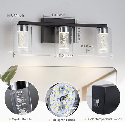 3-Light Bathroom Light Fixtures, Black Modern Vanity Lights with Clear Glass Shade, Bathroom Wall Lamp with Crystal Bubble for Mirror Kitchen Living Room Hallway