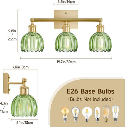 Bathroom Light Fixtures Over Mirror,3 Light Vintage Bathroom Vanity Lights,20 in Brushed Brass Antique Vanity Light with Green Tulip Glass Shade for Bedroom, Living Room, Foyer,E26 Base