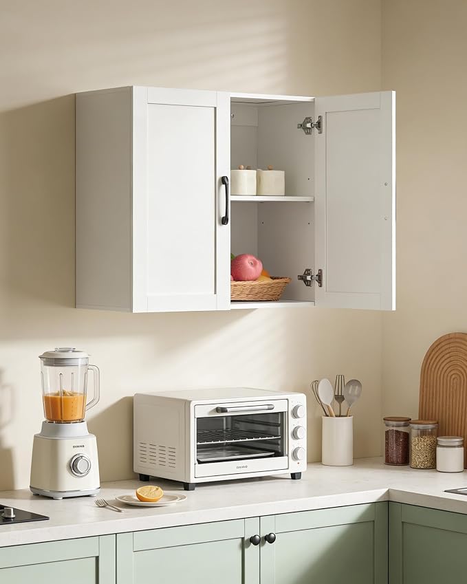 Wall Cabinet with Adjustable Shelf, Laundry Room Cabinet with 2 Doors, Kitchen Storage Cupboard Cabinet, Wall Mount Medicine Cabinet for Bathroom, Living Room, White