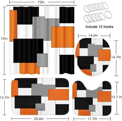 Bathroom Sets with Shower Curtain and Rugs, 4 Pcs, Geometric | Checkered Modern Abstract Orange Bathroom Decor Set with Toilet Lid Cover, Non-Slip Bath Mats and Accessories 12 Hooks