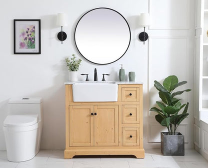 36" Pre-Assembled Bathroom Vanity with Sink, Solid Birch and MDF, Carrara White Marble Countertop Attached, Single Rectangle Porcelain Sink, 3 Soft-Close Drawers, Natural Wood