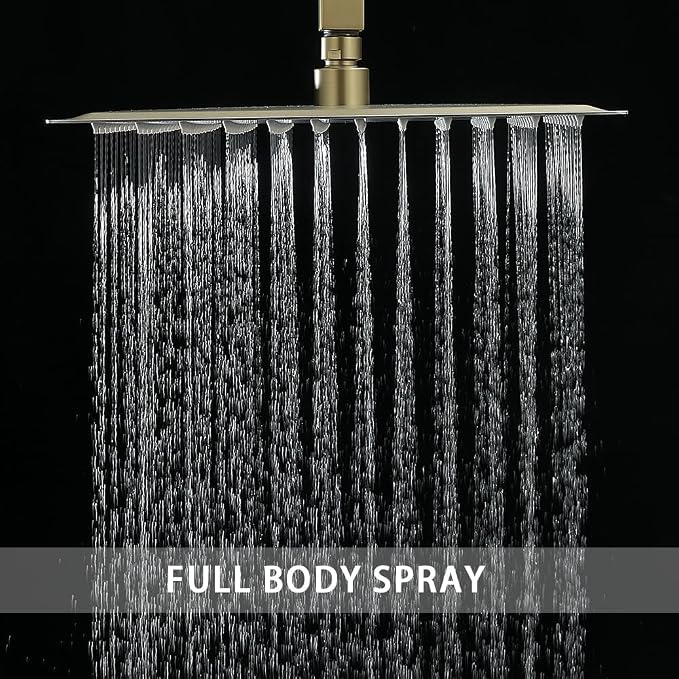Shower Faucet Set Brushed Gold 12 Inch Ceiling Mount Rainfall Shower System with 2 Rain Shower Head and Handheld Head Push Button Diverter Shower Trim Kit and Rough-in Valve Body