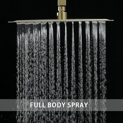 Shower Faucet Set Brushed Gold 10 Inch Ceiling Mount Rainfall Shower System with 2 Rain Shower Head and Handheld Head Push Button Diverter Shower Trim Kit and Rough-in Valve Body