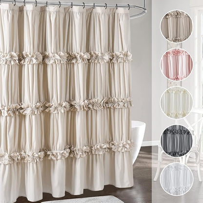Homechoice Decor Camel Ruffle Shower Curtain 72" W x 72" H | Vintage Handcrafted Bow Tie Bath Curtain for Master Bathroom, Ruched Microfiber Bathroom Curtain with 12 Buttonholes (LQ-10)