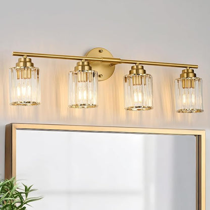 4-Light Gold Bathroom Light Fixtures, 29.1" Bathroom Vanity Light with Clear Crystal Shades, E26 Base Modern Wall Lighting Sconces, Vanity Lights for Bathroom Powder Room