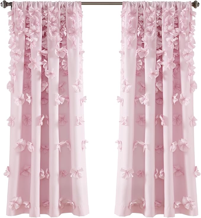 Lush Decor Riley Light Filtering Window Curtain Panel, Single 54" W x 63" L, Lilac - Cute Purple Curtains for Bedroom - Bow Decor - Coquette Curtains for Windows