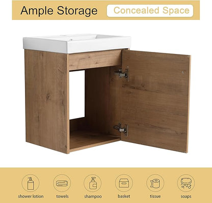 Malwee 18" Floating Bathroom Vanity with Sink, 18 inch Modern Brown Wall Mounted Bathroom Cabinet Combo for Small Space, Narrow Bath Wall-Hung Vanity Set with 1 Ceramic Basin and 1 Door(18imo)