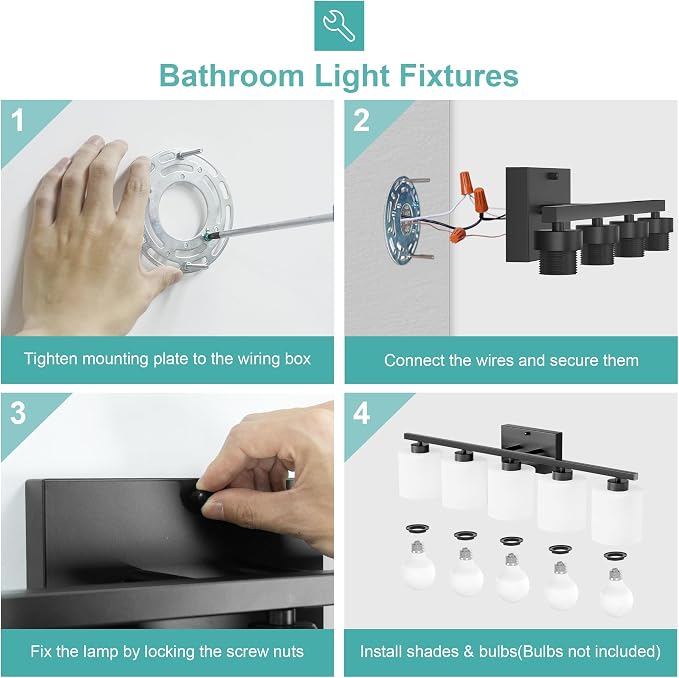 Honesorn Black Vanity Light, 5-Light Bathroom Light Fixtures, Frosted Shade | Matte Black Bathroom Vanity Light, Wall Sconces with Milky White Frosted Shades for Bedroom,E26 Socket(Bulbs Not Included)