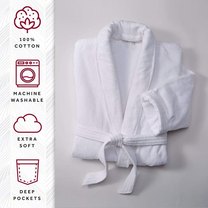 Marriott Terry Velour Bathrobe - Luxury 100% Cotton Hotel Spa Robe - Plush, Absorbent, Machine Washable - Shawl Collar, One Size