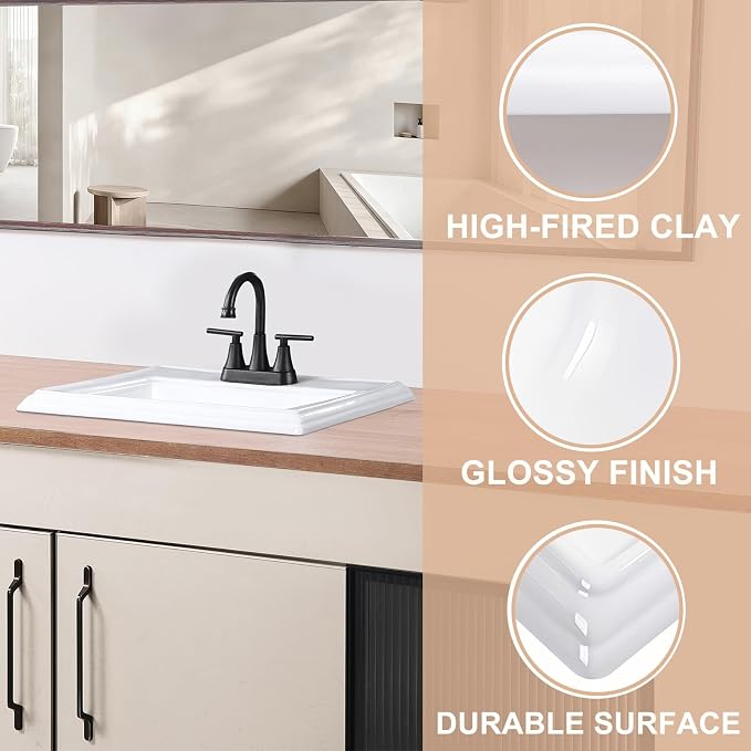 23" Drop-in Bathroom Sink with 4" Centerset 3 Hole Ceramic Basin | 23.2"x18.3", White Premium Porcelain, Self-Rimming Rectangle Design,Semi-recessed for Master Bath, Guest Powder Room Remodel