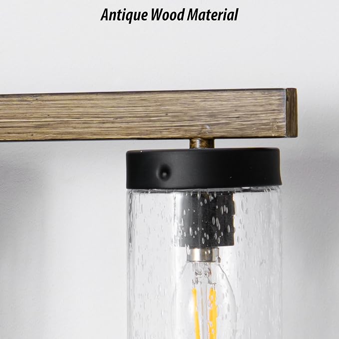 Rustic Vintage Wall Sconce, Farmhouse Vanity Light, Bathroom Wood Wall Light Over Mirror with Seedy Glass Shade.(Pinewood, 3-Light)