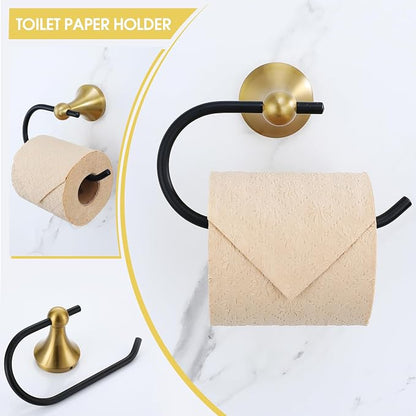Brushed Gold and Black Bathroom Hardware Set, 4-Piece Black and Gold Bathroom Accessories Kit Stainless Steel 23.6 Inch Towel Bar | Towel Hook | Toilet Paper Holder | Hand Towel Holder