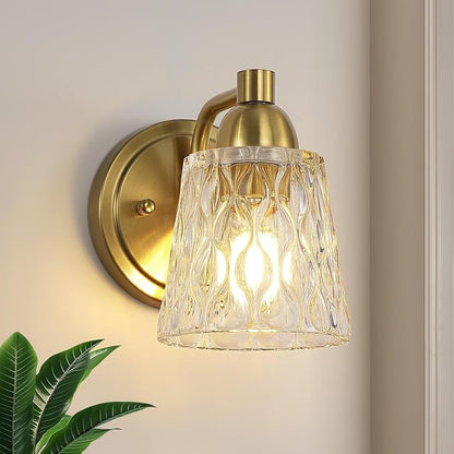 Mecgirn Stainless Steel Bathroom Vanity Light Over Mirror, 1 Light Brushed Gold Bathroom Light Fixtures with Textured Glass Shades, Modern Vanity Lighting Wall Mount
