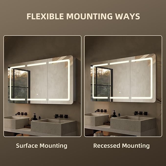60''x32'' LED Bathroom Mirror Cabinet with Lights, Wall Mounted or Recessed Medicine Cabinet, Dimmable Front& Anti-Fog, Adjustable Shelves, Modern Aluminum Storage Cabinet (60x32 in | 3 Doors)