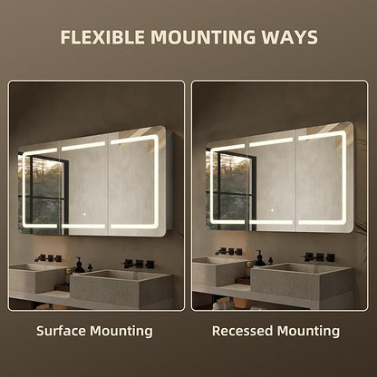 60''x32'' LED Bathroom Mirror Cabinet with Lights, Wall Mounted or Recessed Medicine Cabinet, Dimmable Front& Anti-Fog, Adjustable Shelves, Modern Aluminum Storage Cabinet (60x32 in | 3 Doors)