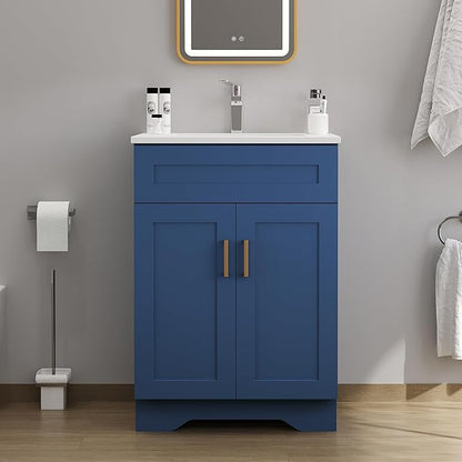 Bathroom 24" Vanity with Ceramic Sink, Wooden Double Door Bathroom Storage Cabinet, Freestanding Cabinet Vanity with Sink (Paint, Blue,24")