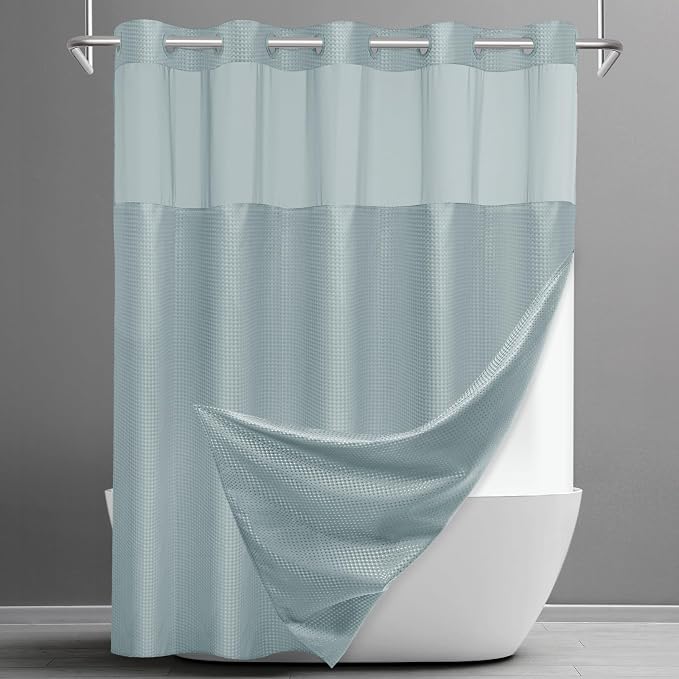 SORTTO No Hook Shower Curtain with Snap in Liner Set Waffle Shower Curtain for Bathroom Hotel Style Fabric Waterproof Inner Liner，71" W x 74" H, Fog Blue