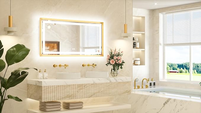 48 x 24 Bathroom LED Mirror Brushed Gold Metal Frame Frontlit & Backlit Vanity Mirror Stepless Dimmable Anti-Fog 3 Colors White/Warm/Natural Light up Vanity Mirror Wall-Mounted