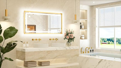 48 x 24 Bathroom LED Mirror Brushed Gold Metal Frame Frontlit & Backlit Vanity Mirror Stepless Dimmable Anti-Fog 3 Colors White/Warm/Natural Light up Vanity Mirror Wall-Mounted