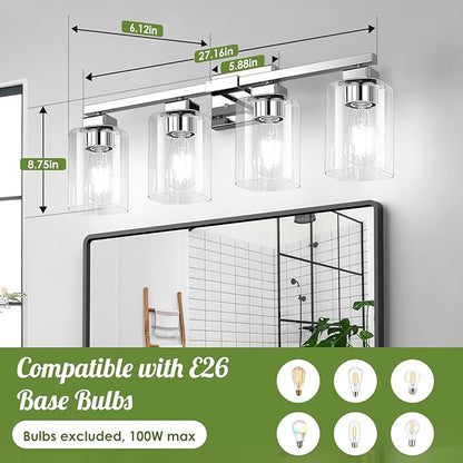 BesLowe 4-Light Bathroom Light Fixtures, Modern Chrome Bathroom Vanity Light, Bathroom Lighting Fixtures Over Mirror, Matte Chrome Bathrom Wall Lamp, Wall Lights for Living Room Bedroom Hallway