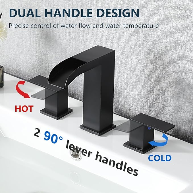 VCCUCINE Matte Black Bathroom Faucets 3 Hole, 8 Inch Widespread Square Waterfall Bathroom Sink Faucet,Black Vanity Bathroom Faucets for Vanity, Restroom, Commercial with Pop Up Drain and Supply Lines