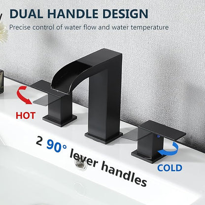 VCCUCINE Matte Black Bathroom Faucets 3 Hole, 8 Inch Widespread Square Waterfall Bathroom Sink Faucet,Black Vanity Bathroom Faucets for Vanity, Restroom, Commercial with Pop Up Drain and Supply Lines