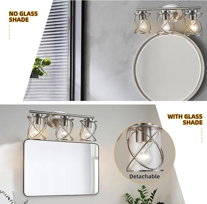 3-Lights Bathroom Vanity Lights, Bathroom Light Fixtures Over Mirror, Brushed Nickel Vanity Light, Farmhouse Wall Lights with Clear Glass Shade, Bathroom Wall Lamp for Mirror Kitchen Bedroom