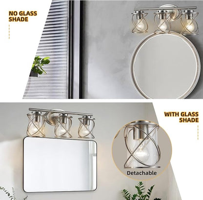 3-Lights Bathroom Vanity Lights, Bathroom Light Fixtures Over Mirror, Brushed Nickel Vanity Light, Farmhouse Wall Lights with Clear Glass Shade, Bathroom Wall Lamp for Mirror Kitchen Bedroom