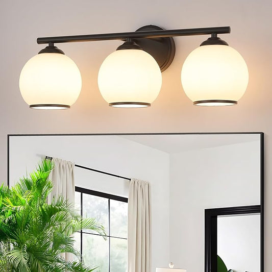 Milk Glass Bathroom Vanity Light Over Mirror, 3 Light Matte Black Bathroom Light Fixtures with Frosted Globe Glass Shade, Modern Vanity Lighting Wall Mounted