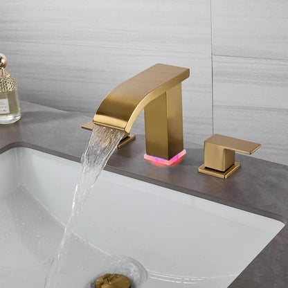 Brushed Gold Waterfall Bathroom faucets, 8 inch Widespread Modern Sink Faucet, Touch on 3 Hole 2 Handle Vanity,Gold Bathroom Sink Faucet with LED Light (Brushed Gold)
