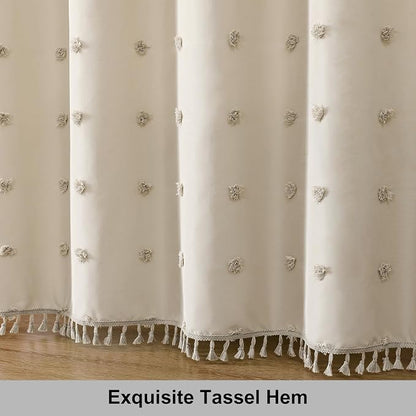 LilyCat Beige Farmhouse Tufted Floral Shower Curtain with Tassel, 72" x 78" | Waterproof Boho Fabric Shower Curtain Set with Hooks, Cute Rustic Vintage Bathroom Décor, Minimalist Cloth Bathroom Curtain