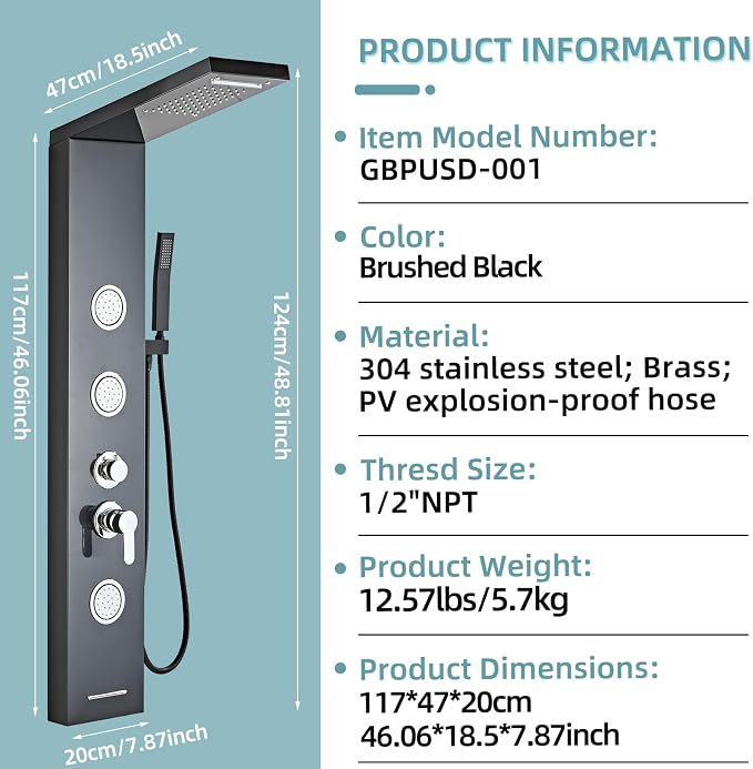 5-In-1Shower Panel Tower System-Brushed Black | 304 stainless steel Shower Panel Column Tower With Powerful Body Jets,Body Spray,Rainfall,Waterfall,Handheld And Tub Spout