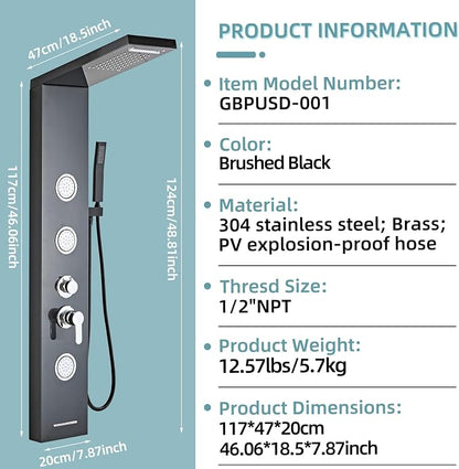 5-In-1Shower Panel Tower System-Brushed Black | 304 stainless steel Shower Panel Column Tower With Powerful Body Jets,Body Spray,Rainfall,Waterfall,Handheld And Tub Spout