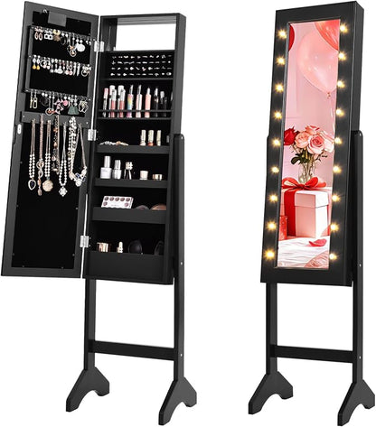 NAFORT 18 LED Lights Standing Mirror Jewelry Cabinet, Large Storage Mirror Full Length, Jewelry Armoire with Lipstick Holders, Shelves, Earring Notches, Inside Makeup Mirror (Black)