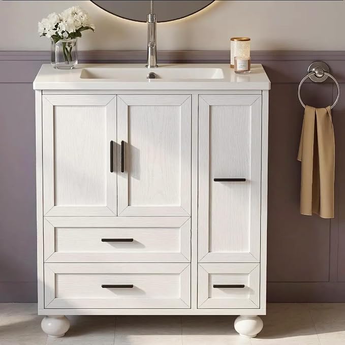 LIKIMIO 29.5" Bathroom Vanity with Sink, Hair Tool Drawer, 4 Solid Legs, 4 Drawers 2 Doors, Modern Freestanding Wooden Bathroom Cabinet with Undermount Upgraded SMC Sink, Quick Assembly, White