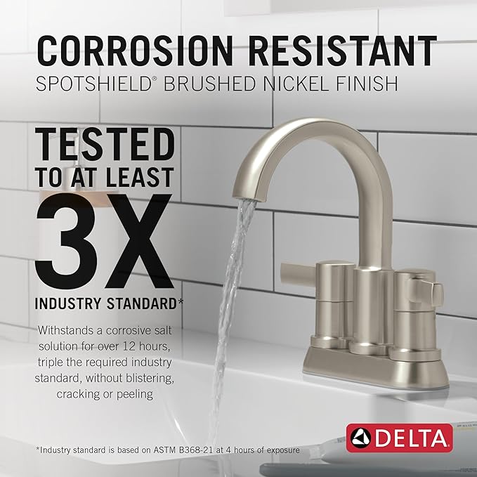 Delta Albion Centerset Brushed Nickel Bathroom Faucet, 4 Inch 3 Hole Bathroom Sink Faucet for Vanity, Metal Push-Pop Drain Assembly, SpotShield Brushed Nickel 25855LF-SP