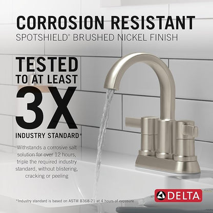 Delta Albion Centerset Brushed Nickel Bathroom Faucet, 4 Inch 3 Hole Bathroom Sink Faucet for Vanity, Metal Push-Pop Drain Assembly, SpotShield Brushed Nickel 25855LF-SP
