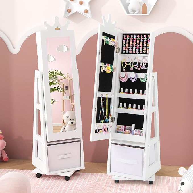 CHARMAID 360° Swivel Kids Jewelry Cabinet, 48" Standing Jewelry Organizer with Full Length Mirror, Storage Drawer, Kids Vanity Dressing Mirror, Jewelry Armoire with Lockable Wheels for Girls (White)