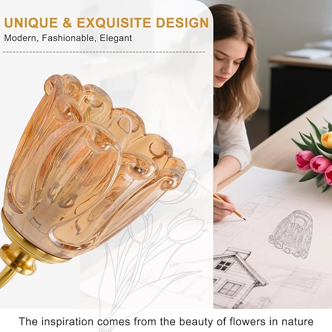 Bathroom Light Fixtures (3-Light), Vintage Brushed Gold Vanity Lights for Bathroom with Amber Tulip Crystal Glass Shade, Vanity Wall Light Over Mirror for Bedroom Living Room Hallway