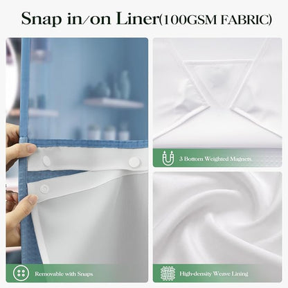 Moonlight Blue Hook Free Waffle Shower Curtain & Snap Liner,72x75 | Less Time to install, 3 in 1 Fabric Shower Curtain and Liner Set with Magnets, Mesh Top Window, Shower Curtains for Bathroom