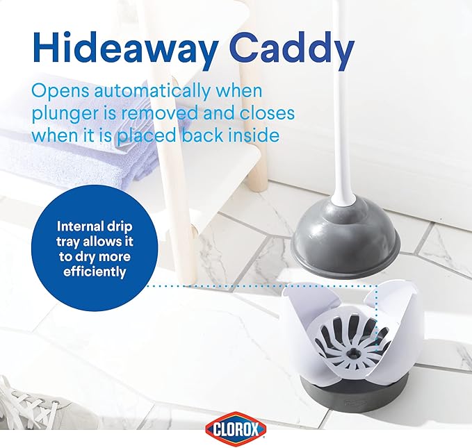 Clorox Toilet Plunger with Hideaway Caddy,– for Bathroom Organization and Storage,Bathroom Accessories,Toilet Unclogger,with Holder,White,(Pack of 12)