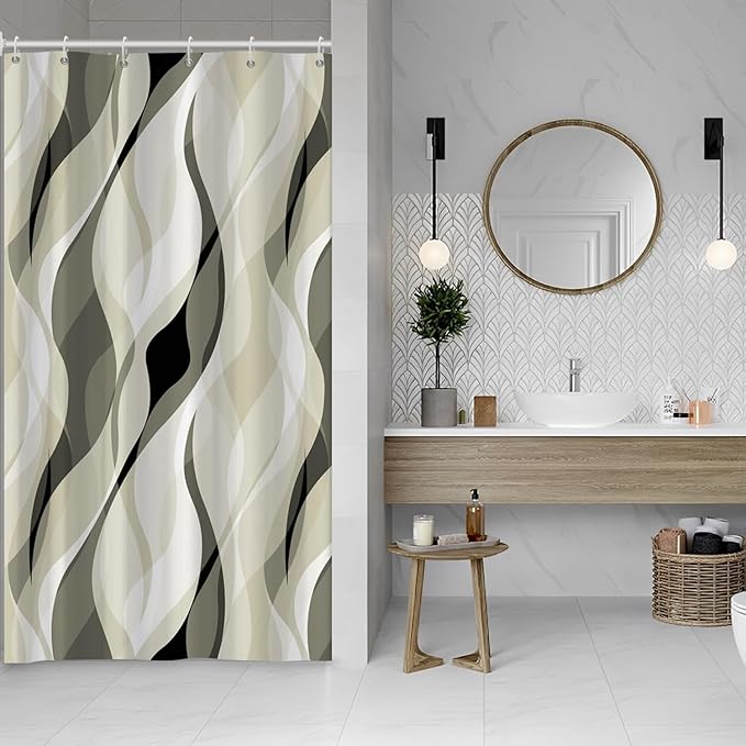 Light Green Shower Curtain, Modern Abstract Green and Grey Striped Shower Curtain Set for Bathroom Waterproof Shower Curtain with Hooks, 48x72 Inch