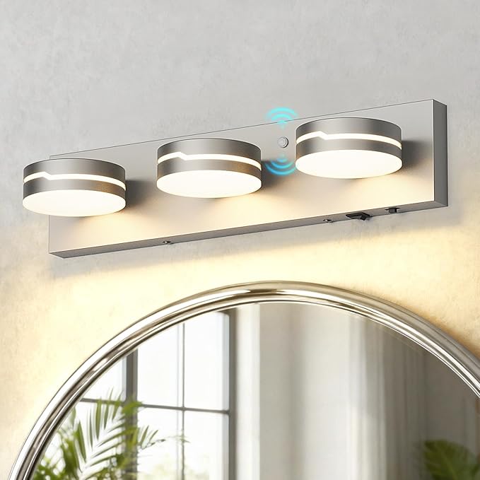 Vanity Lights for Bathroom, Motion Sensor 3 CCT Dimmable Bathroom Light Fixtures Over Mirror, 18.9in 18W 3-Light LED Modern Acrylic Wall Sconce Makeup Lighting, 350° Rotatable, Hardwired