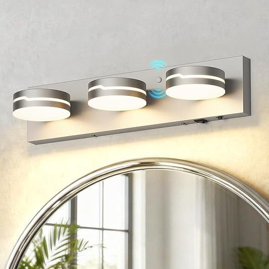 Vanity Lights for Bathroom, Motion Sensor 3 CCT Dimmable Bathroom Light Fixtures Over Mirror, 18.9in 18W 3-Light LED Modern Acrylic Wall Sconce Makeup Lighting, 350° Rotatable, Hardwired