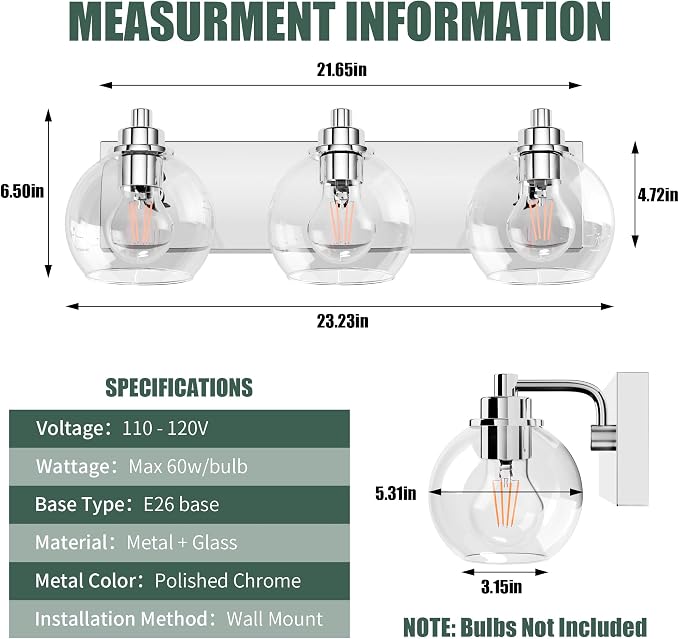3 Light Bathroom Light Fixtures-Chrome Bathroom Vanity Lights, Modern Vanity Lights 3-Light Bathroom Lighting Fixtures Over Mirror with Clear Glass Globe Shade