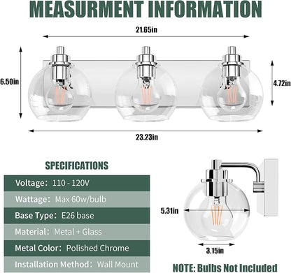 3 Light Bathroom Light Fixtures-Chrome Bathroom Vanity Lights, Modern Vanity Lights 3-Light Bathroom Lighting Fixtures Over Mirror with Clear Glass Globe Shade