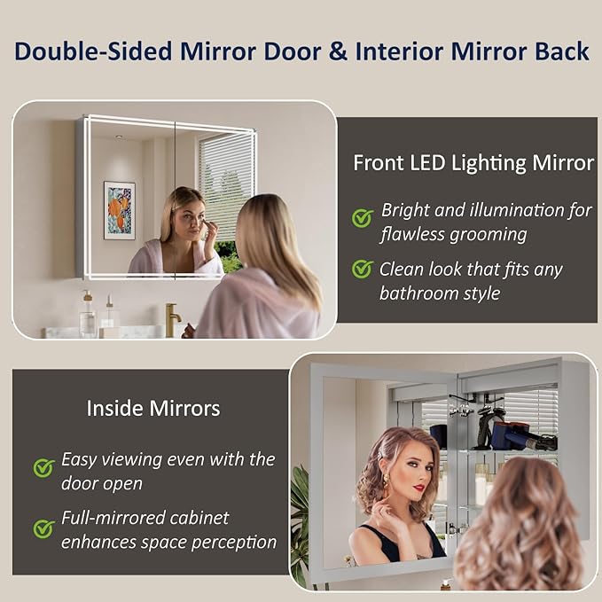 Buruis 32'' x 32'' Medicine Cabinet with Lights and Mirrors, Recessed or Wall Mounted Modern Bathroom Cabinet with 3-Mode Light, Anti-Fog, Dimmable, Memory Function, Outlet, Silver