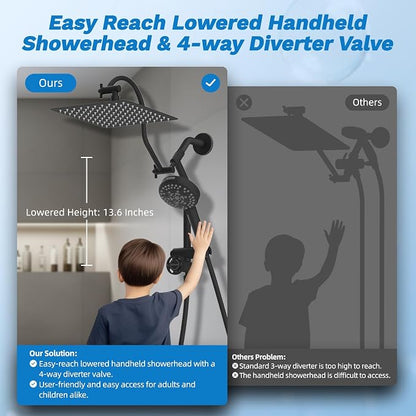 Hibbent High Pressue All Metal 10" Rainfall Shower Head, Handheld 10-Spray | cUPC Certified Matte Black Dual Showerhead Combo, 4-way Diverter with Pause Mode, Brass Extension Arm, 71'' Hose & Holder