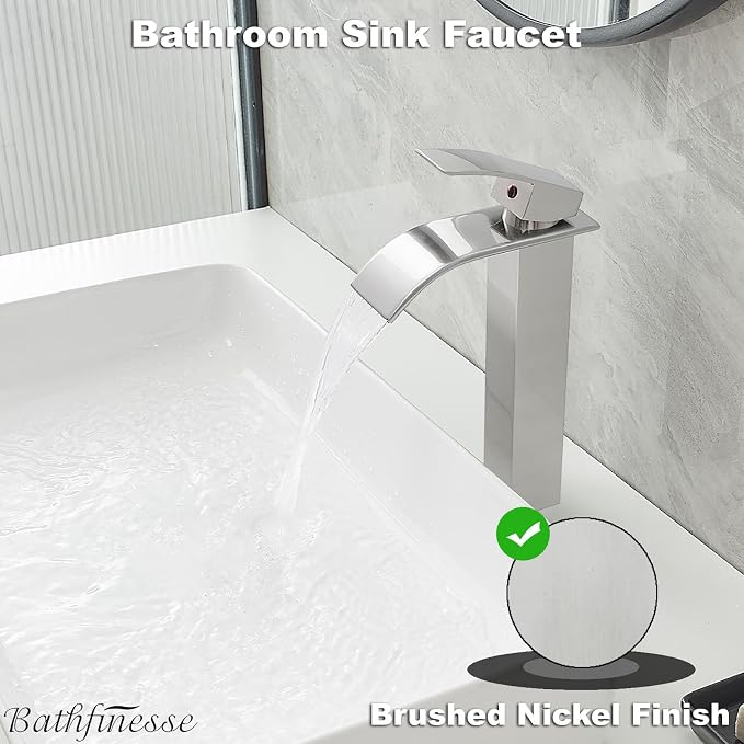 Waterfall Bathroom Faucet Brushed Nickel Stainless Steel Vessel Sink Faucet | Single Handle One Hole Deck Mount,Bowl Vanity Sink Faucet,with Pop-up Drain Stopper and Supply Hose,Lead-Free by Bathfinesse