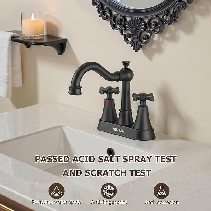 Hurran 4-inch Centerset Matte Black Classical Bathroom Faucet, 2 Handles for 2 or 3 Hole Sink with 360° Swivel Spout, Pop Up Drain Assembly and Supply Hose for Vanity Sink Lavatory Faucet